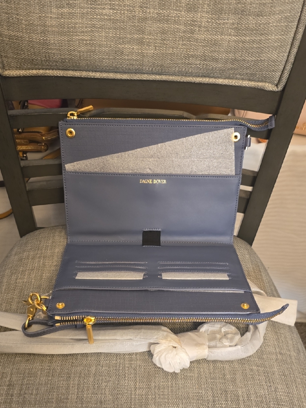 Dagne Dover Blue Leather Convertible Wallet Crossbody with Gold Hardware